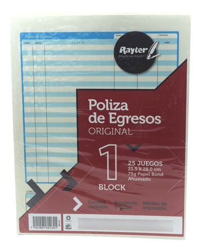 Block Poliza De Egresos Rayter Cont. 25 Juegos 2 Piezas