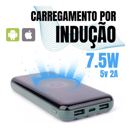 Carregador Portátil Power Bank Com Indução 10.000 A Peining Cor Verde