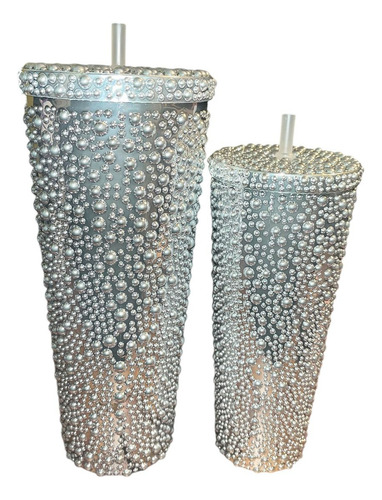 Dúo Vaso Plata De Perlas + Popotes | Set 2 Vasos Plástico Para Té De Burbujas | Ideal Para Batidos, Smoothies, Shakes Y Bebidas Frías O Calientes | Reutilizable Y Resistente