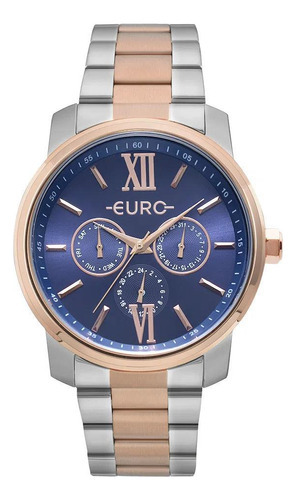 Relógio Feminino Euro Prata Rose Multifunção Fundo Azul