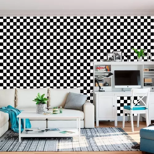 Papel Parede Xadrez Preto E Branco Vinil Decoração Sala