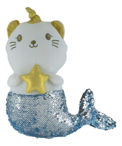 Sereia De Gato Branco Chifre Lantejoulas Azul Prateado 35cm