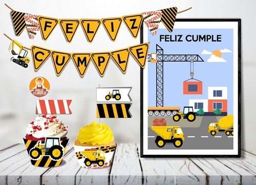 Kit Imprimible Camiones Construccion Cat Cumple Banderines