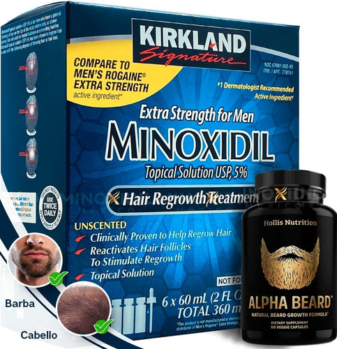 Imagen 1 de 5 de Minoxidil 5% + Alpha Beard Suplemento Premium Barba 60 Caps