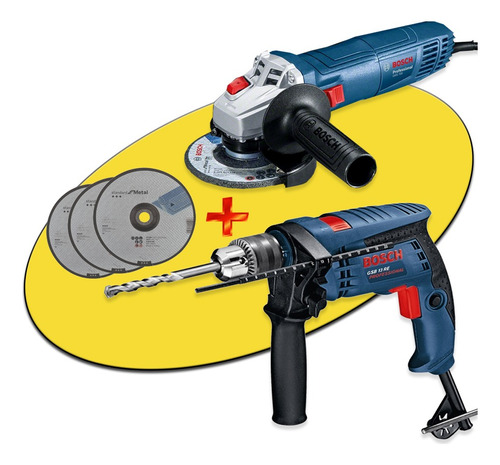 Combo Bosch Taladro Gsb 13 Re 650w Amoladora 6-115 + Accesorios - Antipolvo Obra Metal Madera Pared Hormigon Mano Manual