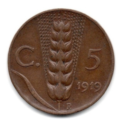 Moneda Italia Reino 5 Centesimi Año 1919 Km#59 Fecha Dificil