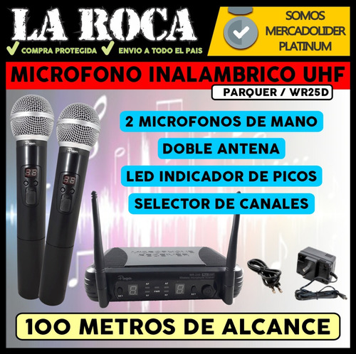 Imagen 3 de 10 de Microfono Inalambrico Uhf Doble De Mano Parquer Wr25d