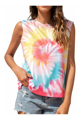 Camiseta Manga Tie Dye Para Mujer Casual Cuello Redondo