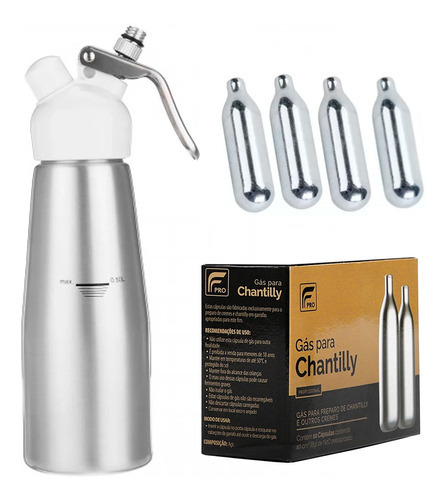 Garrafa Sifão Chantilly 500 Ml Kit Com 10 Cápsulas N2o Genuinos Prateado