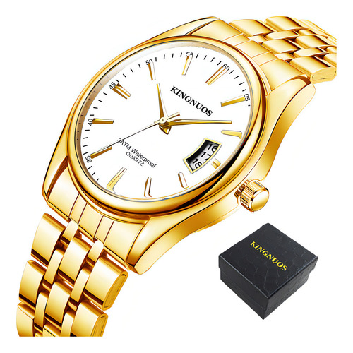 Reloj De Cuarzo Con Correas De Acero Con Calendario Kingnuos Color De La Correa Dorado Color Del Fondo Blanco