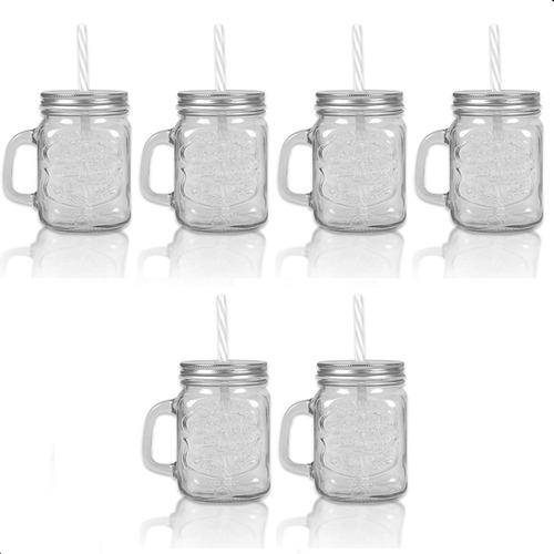 6 Jarrinhas De Vidro Tampa Metal Canudo De Plástico 480ml Cor Prateado