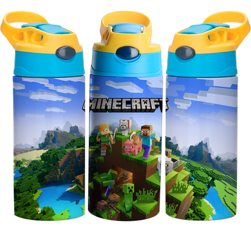 Termo Infantil Minecraft Acero Inoxidable 355ml Vaso Niño #7 Amarillo Con Azul Tapa