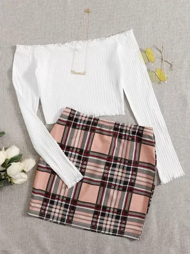 Conjunto Xadrez Saia E Cropped Branco / Rosa Shein