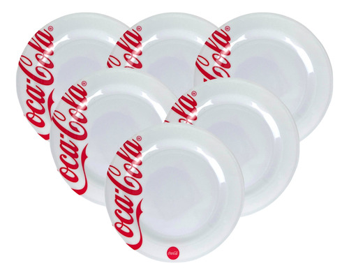 Kit C/6 Pratos Sobremesa Coca Cola Em Melanina 20cm - Branco