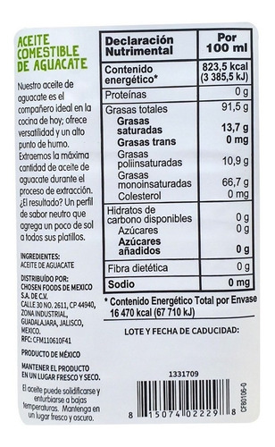 Imagen 2 de 2 de Chosen Foods Aceite De Aguacate De Temperatura Alta 2 Litros