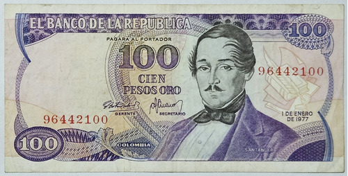 Billete 100 Pesos 01/ene/1977 8 Digitos Colombia Vf