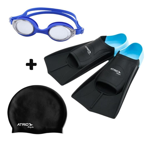 Kit Natação Pé De Pato Preto 39-41 +touca Preta +oculos Azul