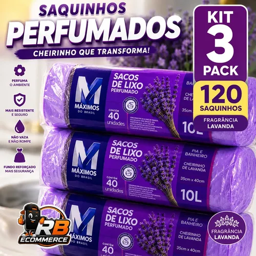 Kit 3 Saquinhos De Lixo Aroma Lavanda Perfumado 10 Litros