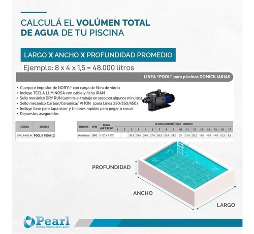 Imagen 4 de 8 de Bomba Autocebante Pileta Piscina 1.5 Hp Pearl Motorarg 150m3