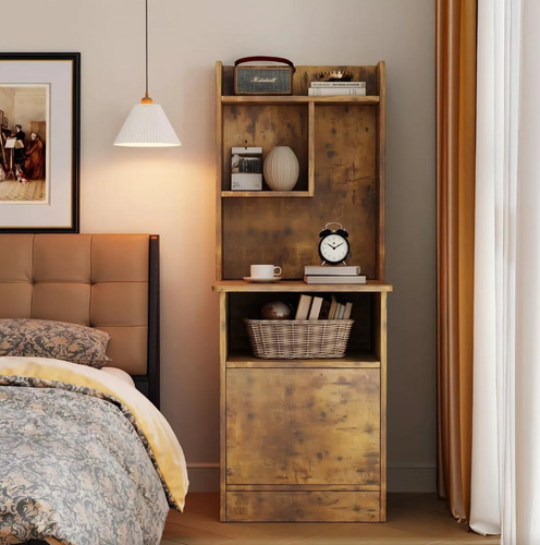 Mesita De Noche Multinivel Con Usb Heaimo Acabado Brillante Color madera de tigre