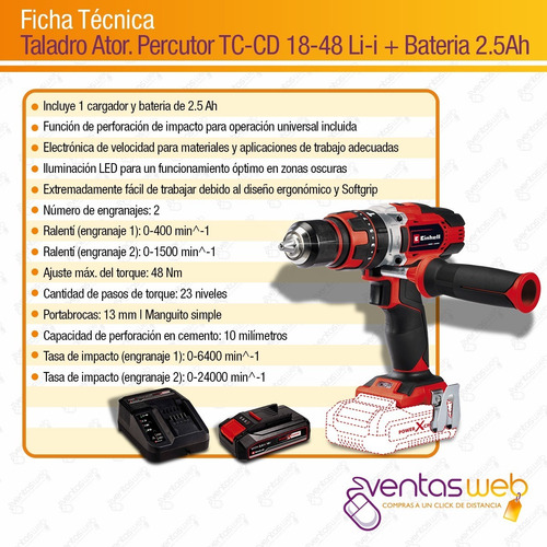 Imagen 8 de 9 de Taladro Atornillador Percutor Bateria 18v Einhell Te-cd18-48