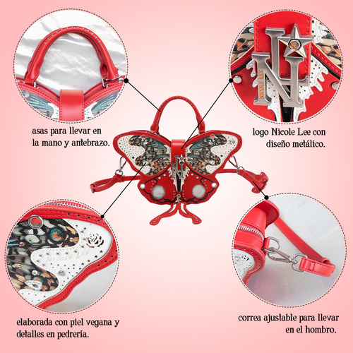 Bolsa De Mano En Forma De Mariposa De Nicole Lee Ss25 Acabado de los herrajes Níquel Color Rojo Correa de hombro Rojo Diseño de la tela Lisa