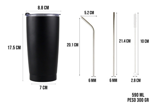 Imagen 3 de 10 de Vaso Termo Acero20oz Inoxidable Incluye Popotes Térmico590ml