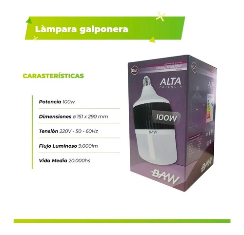 Pack X 4 Lampara Galpon Led 100w Alta Potencia E27 6500k Baw
