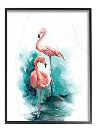 Estupell Home Decor Flamingo Duo Acuarela Textura Enmarcada 