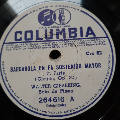 Pasta Walter Gieseking Solo De Piano Columbia Tc17