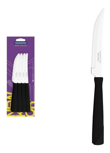 Cuchillo De Mesa Asado New Kolor Tramontina X 12 Negro