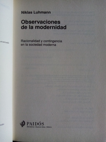 Niklas Luhmann. Observaciones De La Modernidad. Paidós