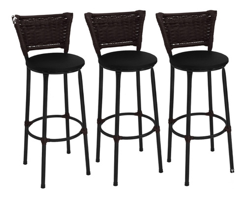 Imagem 1 de 5 de Kit 3 Banquetas Altas Preta Para Balcão Encosto Junco Argila