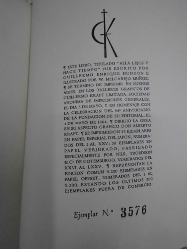 Allá Lejos Y Hace Tiempo - Guillermo Hudson Ed. Kraft 1958 (Usado)