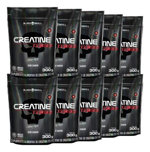 Atacado 10x Creatine Turbo Black Skull Refil 300g Sem Sabor