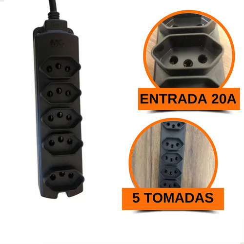 Regua De 5 Tomadas 20 Amperes - Extensão Eletrica Fio Grosso Cor Preto