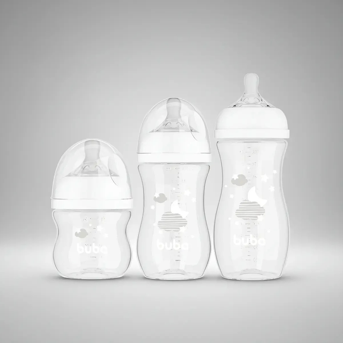 Kit 3 Mamadeiras 120, 270 E 330ml Bico Supersoft Macio Buba Branco Nuvem