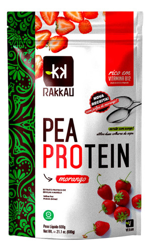 Proteina Vegetal Vegana Pea Protein Morango 600g Rakkau Sabor Morango