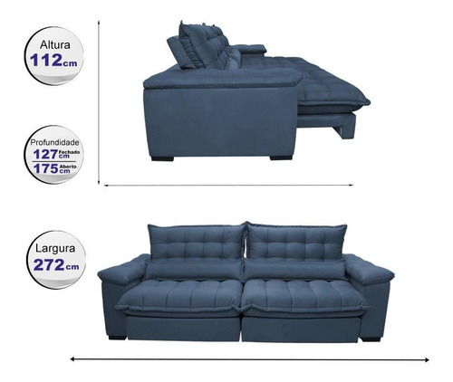 Sofá Retrátil e Reclinável 2,72m com Molas Ensacadas Cama inBox Aconchego Tecido Suede Azul