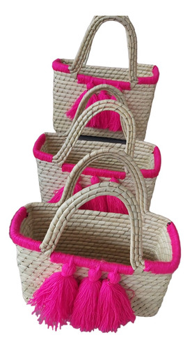 20 Bolsas Chicas Para Dama O Niña, Artesanal De Palma Fucsia Liso Palma Fucsia