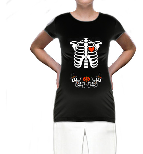 Playera Embarazada Halloween Gemelos Esqueletos Con Calabaza