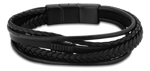 Pulseira Life Masculina Aço E Couro Preto 19,5 Cm Comprimento 21.5 cm