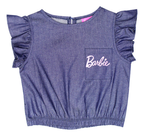 Blusa Denim Con Olanes Estampada Marca Barbie Para Niña