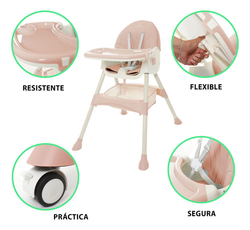 Silla Alta Periquera Bebe KIDDOS Mecedora 5 en 1 Ajustable Plegable Bandeja Extraíble Color Rosa