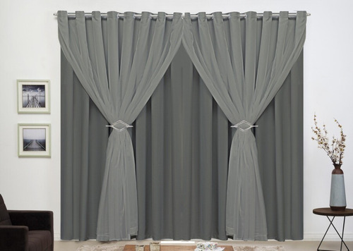 Cortina Preto Blackout Em Tecido 6,50x2,50 + Fivela Cromada Cor Cinza-escuro