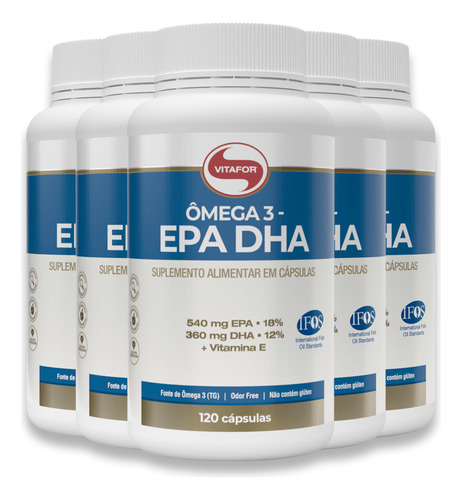 Kit 5 Ômega 3 EPA DHA Vitafor 120 Cápsulas Sem Sabor