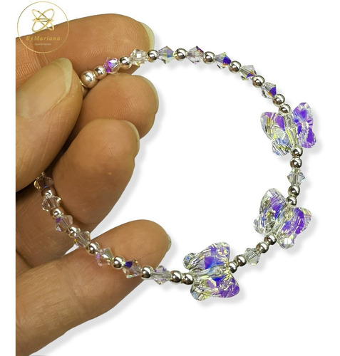Imagen 3 de 6 de Pulsera Plata Con 3 Mariposas Cristal Swa Aurora Boreal