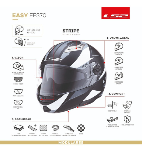 Imagen 5 de 6 de Casco Moto Ls2 Rebatible 370 Stripe Negro Blanco Doble Visor