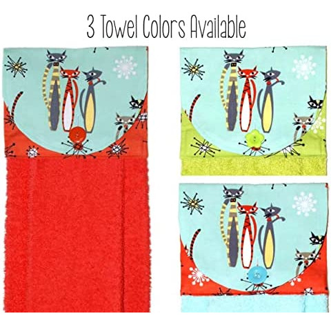 Toalla De Mano Colgante - Mod Cats On Aqua Con Tela Coral St