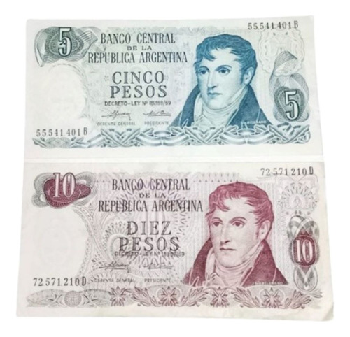 2 Billetes Argentina 5/10 Pesos D. Ley 18188 Unc